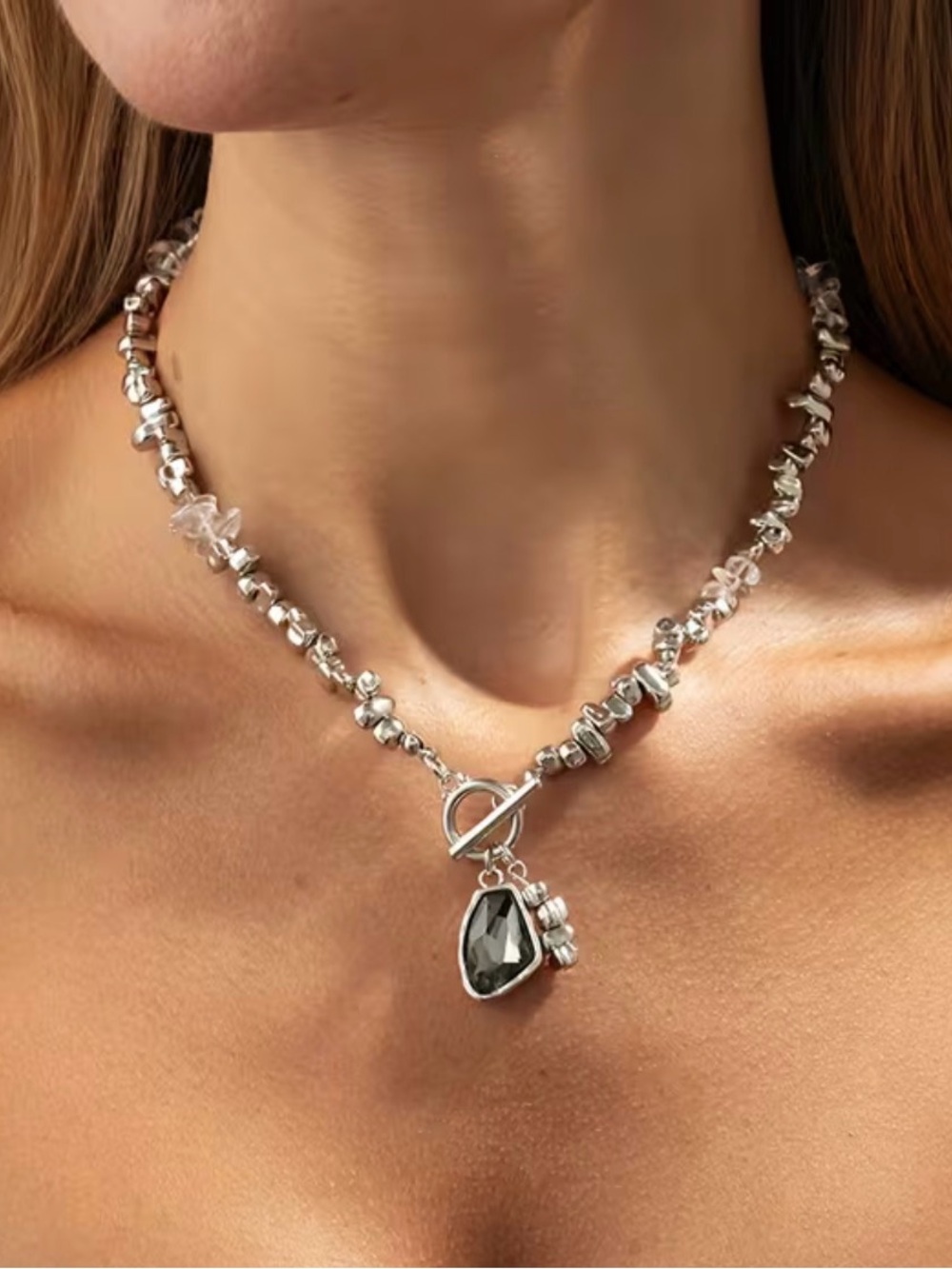 Silver Beaded Toggle Necklace with Black Gem Pendant - Picture 1 of 7